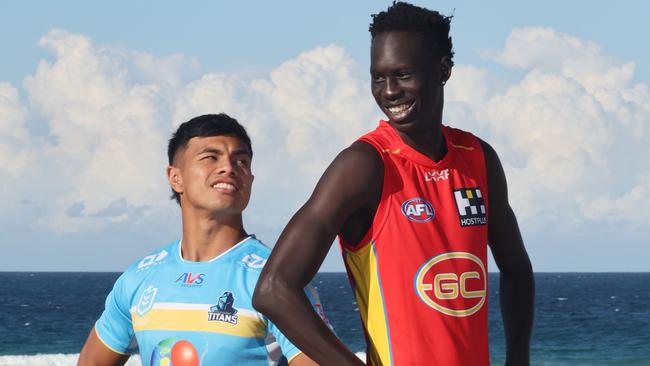 Future Gold Coast Superstars, Keano Kini from the Titans and Mac Andrew from the Suns, both play at the back but there's a big height difference. Picture Glenn Hampson