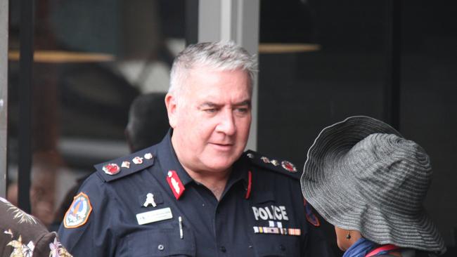 Northern Territory police commissioner Michael Murphy chats with Alice Springs residents during coffee with a cop, held at the Locals Cafe, Alice Springs, December 27, 2024. Picture: Gera Kazakov