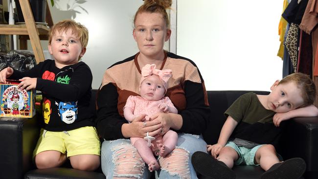 Tayla-Jayne Berry-Coon with Darcy, Zaylee-Jayne and Deacon at the BCYF headquarters, where she has been helped to access transitional housing.