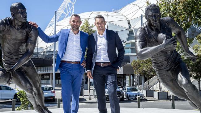 Melbourne Storm legends Cameron Smith and Billy Slater at the unveiling of their bronze statues at AAMI Park. Picture: Jake Nowakowski