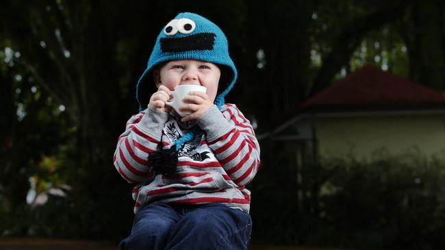 Mackay visitor Angus McGowan 2 1/2 warms up with his first ever babycino at Montville on the first day of winter. Photo Lachie Milllard Contact mum Belinda McGowan 0427936377