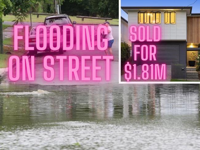 Localised flooding on Long St East, Graceville (Pic: NORRISH); and inset a home on Long St East sold for $1.8!m in the days after the flood. (2)