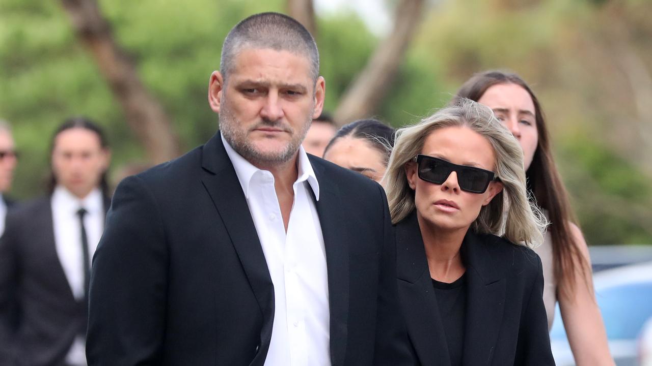 Brendan and Alex Fevola. at GMHBA Stadium for Troy Selwood's funeral. Picture: Alan Barber