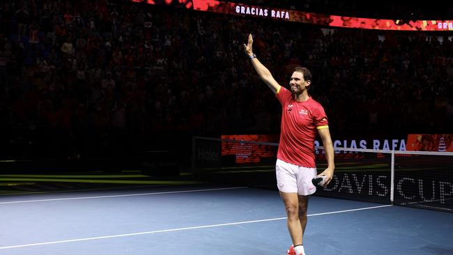 Nadal acknowledges the David Cup crowd in Malaga, Spain after the final match of his career on Wednesday (AEDT). Photo: Getty Images