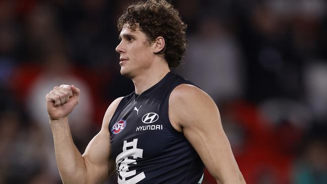 MELBOURNE, AUSTRALIA - JULY 26: Charlie Curnow of the Blues celebrates a goal during the round 20AFL match between Carlton Blues and Port Adelaide Power at Marvel Stadium, on July 26, 2024, in Melbourne, Australia. (Photo by Darrian Traynor/Getty Images)