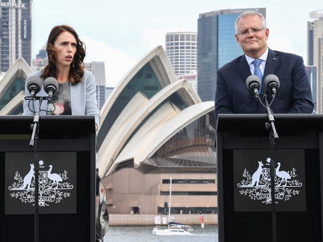 SYDNEY, AUSTRALIA - FEBRUARY 28: (L-R) New Zealand Prime Minister, Jacinda Ardern and Australian Prime Minster, Scott Morrison speak to media at a press conference held at Admiralty House on February 28, 2020 in Sydney, Australia. Ardern is in Australia for two days for the annual bilateral meetings with Australian Prime Minister Scott Morrison. (Photo by James D. Morgan/Getty Images)