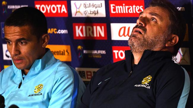 Socceroos star Tim Cahill and coach Ange Postecoglou front the media on Monday. Picture: AAP