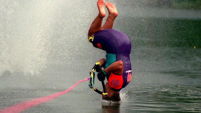 Champion water skier Sharon Stekelenburg is upside down during a state titles in the 1990s. Picture: Grant Turner.