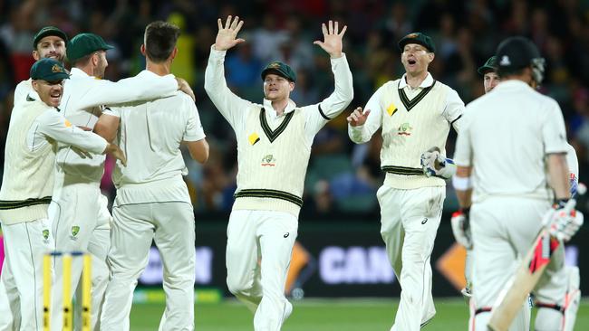 Australia celebrates after Mitch Marsh removes Brendon McCullum. Picture: Sarah Reed