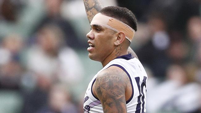 Michael Walters of the Dockers celebrates a goal during the Round 11 AFL match between the Collingwood Magpies and the Fremantle Dockers at the MCG in Melbourne, Saturday, June 1, 2019. (AAP Image/Daniel Pockett) NO ARCHIVING, EDITORIAL USE ONLY