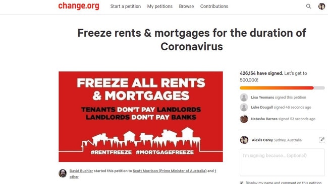 Australians are calling for rent and mortgages to be frozen as the coronavirus rages.