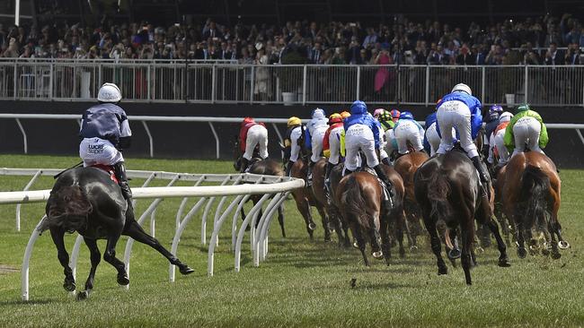 The Cliffsofmoher (left) pulls up lame during the 2018 Melbourne Cup. Picture: Andy Brownbill/AP