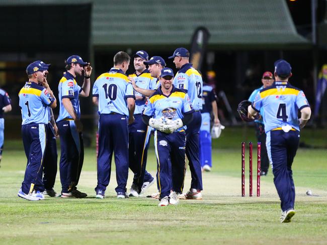 Pictured: Far North Fusion celebrate Seth McGinty's second wicket. Queensland Country Cricket Bulls Masters match between the Far North Fusion and Darling Downs Suns. Photo: Gyan-Reece Rocha