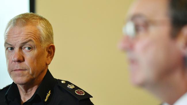 SA Police Commissioner Grant Stevens listens as Premier Steven Marshall speaks to the media last week. Picture: AAP / David Mariuz