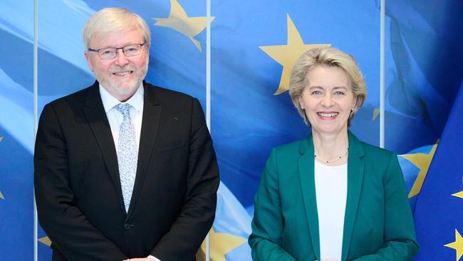 Kevin Rudd with European Commission president Ursula von der Leyen in October. Picture: Twitter