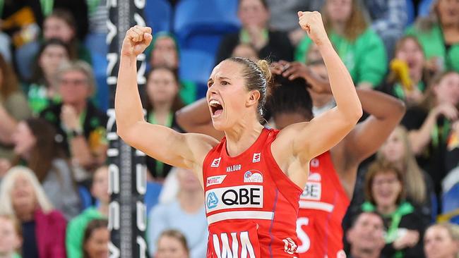 Paige Hadley celebrates the Swifts’ win over the Fever earlier this season. (Photo by James Worsfold/Getty Images)