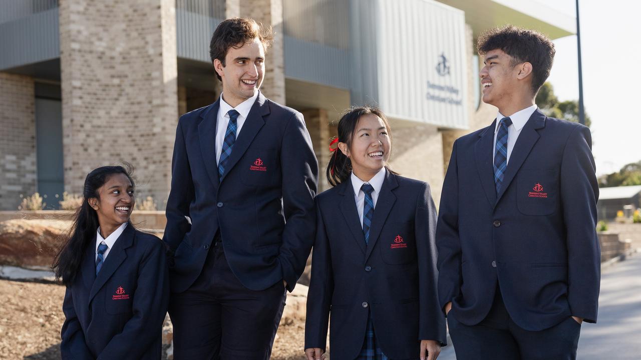 Torrens Valley Christian School captains for 2025 Aaron Visszmeg (second from left) and Naomi Young (second from right). Picture: Supplied