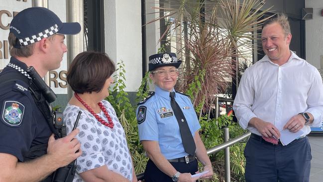 Steven Miles, Julieanne Gilbert and Acting Queensland Police Commissioner Steve Gollschewski meet with some of Mackay's newest recruits. Photo: Fergus Gregg