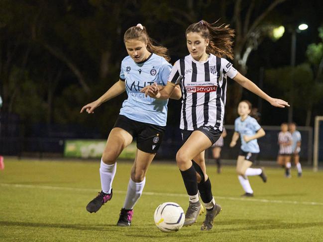 Adelaide City’s Elyse Hall-Heffer keeps possession well against Salisbury Inter at VALO Football Centre. She was a standout in the win. Picture: Matt Loxton