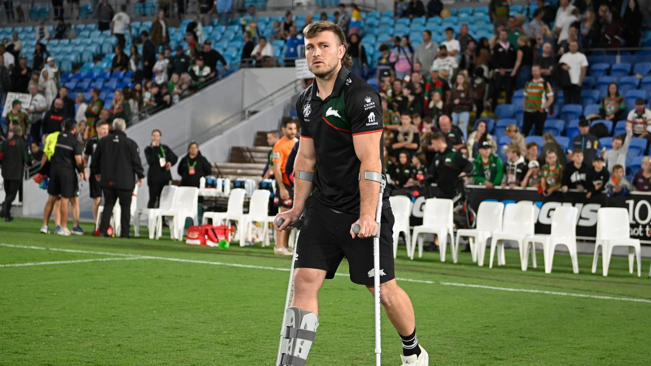 Arrow was put in a moon boot and was walking on crutches after coming off injured. Picture: NRL Imagery.