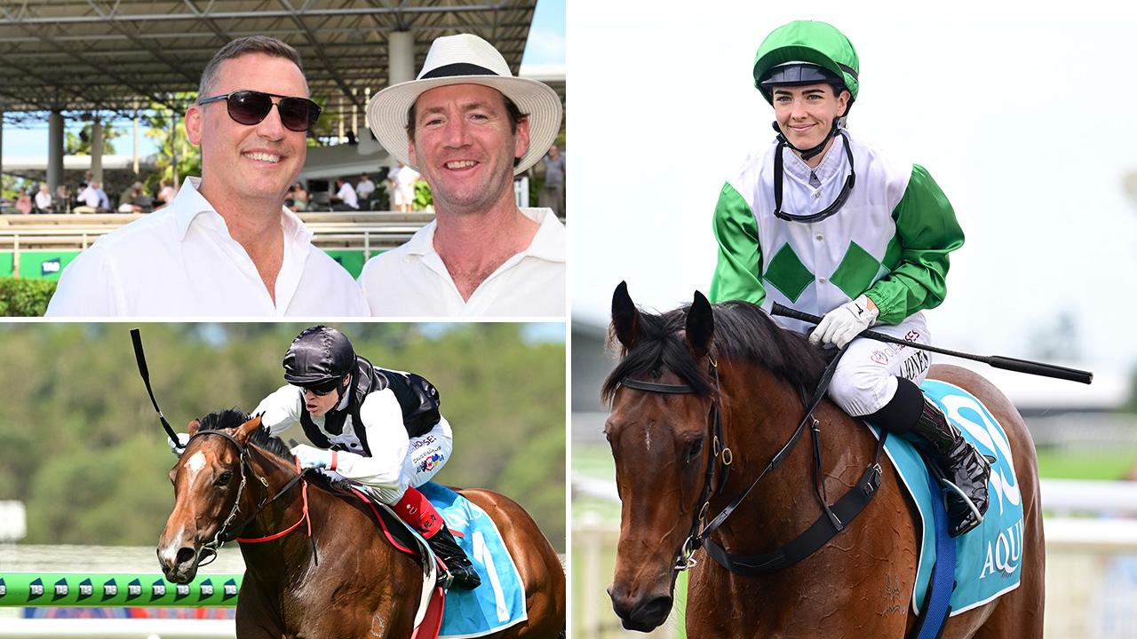 Trainer Tony Gollan (sunglasses), who trains the Ciaron Maher (wearing hat)-owned La Bella Boom, will also saddle up Hi Barbie in Friday night's Magic Millions 2YO Classic at the Gold Coast. Pictures: Grant Peters / Trackside Photography