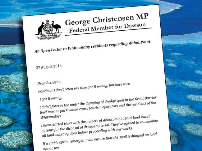 Letter that Dawson Federal MP George Christensen wrote about the Abbot Point dredging and its impact on the Great Barrier Reef. Was published in the local paper.