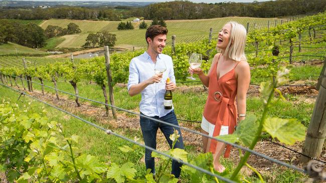 “Now my friends and I only drink chardonnay”: Grace Whyatt and James Lockwood sample the new wave at Pike &amp; Joyce winery in the Adelaide Hills. Picture: James Elsby