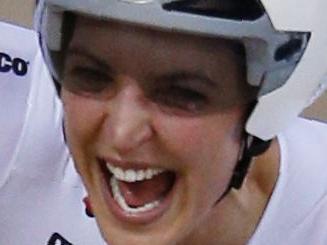 Australia's Rebecca Wiasak celebrates taking gold in the Women's Individual pursuit final during the 2016 Track Cycling World Championships at the Lee Valley VeloPark in London on March 2, 2016 / AFP / ADRIAN DENNIS