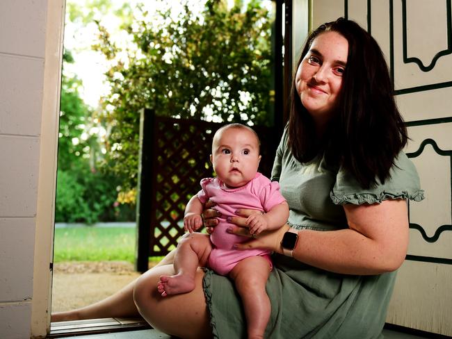 Grace Blacklock with her 4 month old daughter Katie Searle, speaks about raising a baby during COVID-19 lockdown. Picture: Alix Sweeney