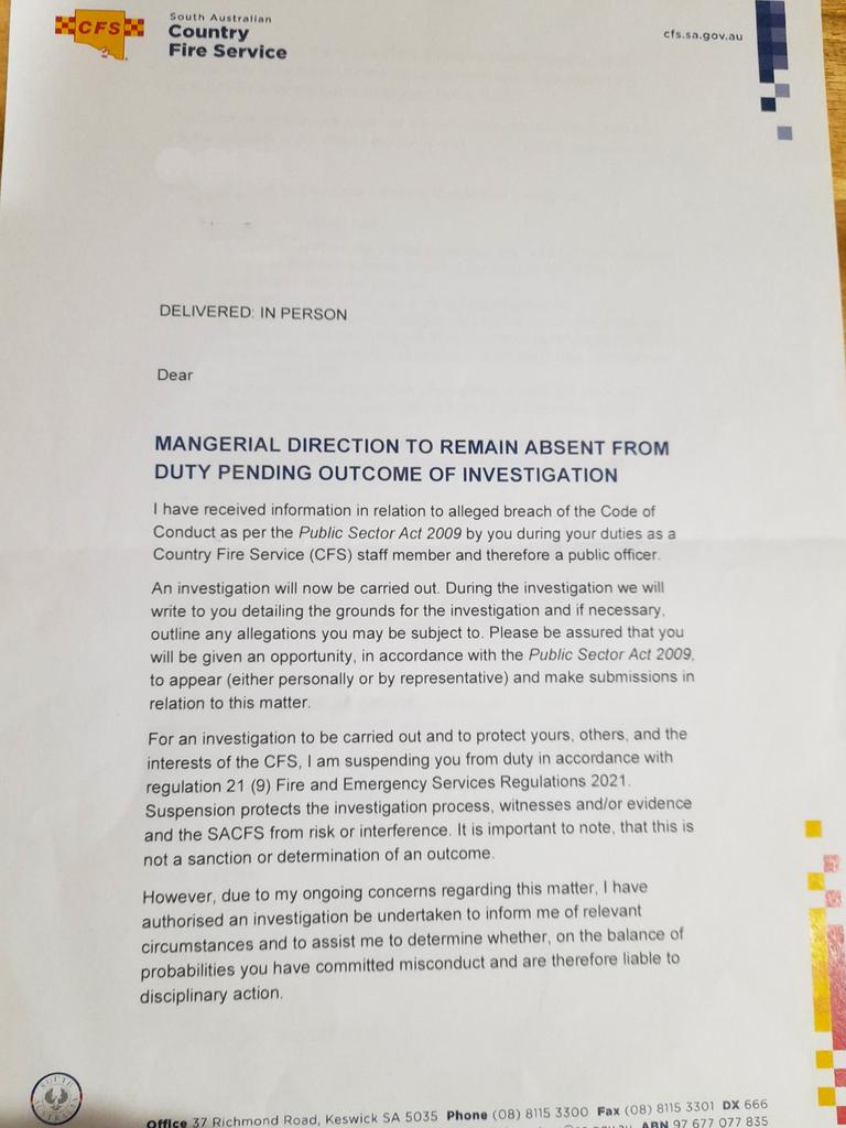 A letter sent to a paid staff member at the CFS informing them they had been suspended. Picture: Supplied