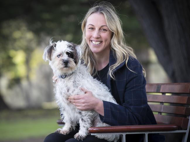 Gourmet dog food chef Esther Rupenovic and dog Mack at Lindisfarne. Picture: Chris Kidd