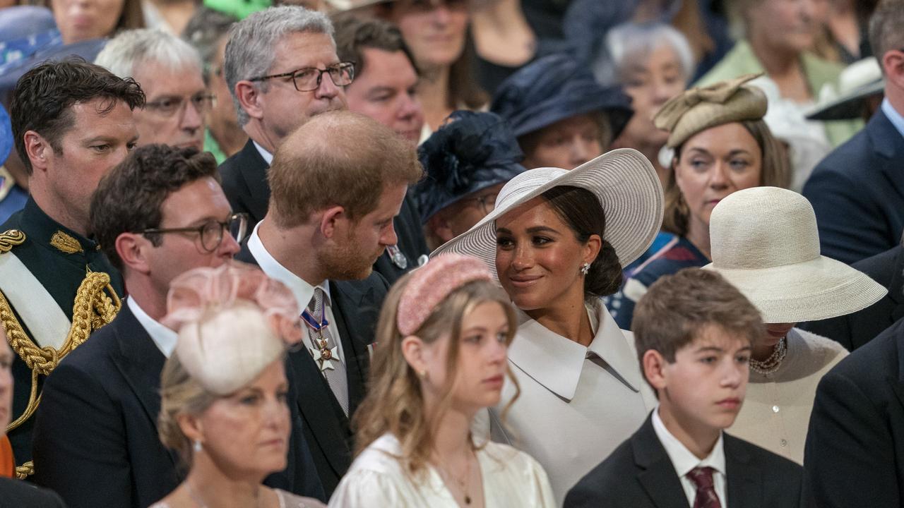 Harry and Meghan seated in the ‘cheap seats’ at the service of thanksgiving for the Queen. Picture: Arthur Edwards/WPA/Getty Images