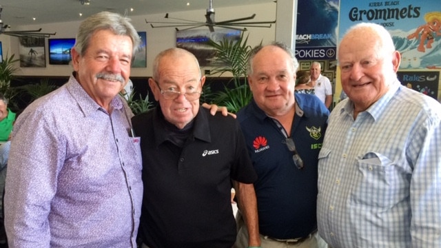 Frank Cleary (third from left) enjoys a Tweed District Men Of League function at the Kirra Beach Hotel with golf legend Rodger Davis (left) and former rugby league stars Billy Fry (second from left) and Noel Kelly.