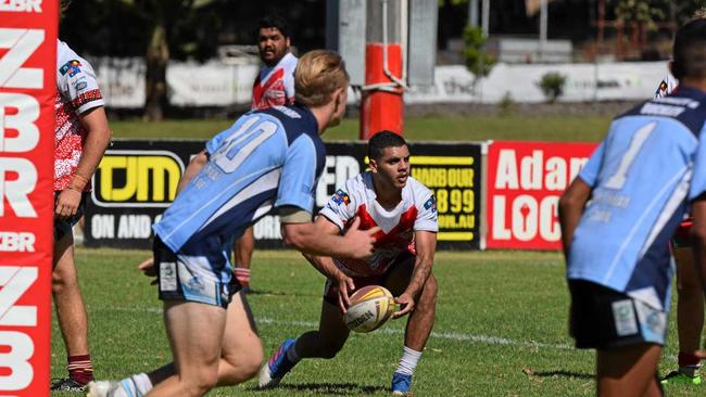 ON THE BALL: South Grafton Rebels Kieron Johnson-Heron gets a pass away at the Hoey Moey Tooheys Coffs Coast 9s on Saturday. Picture: Sam Flanagan