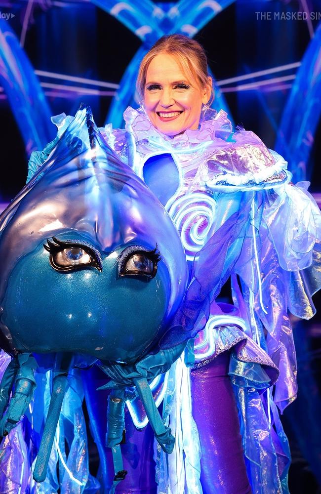 The Block judge Shaynna Blaze was the surprise reveal under the Bluebottle costume on The Masked Singer Australia. Picture: Ten