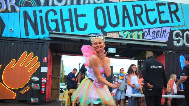 “Social distance fairy” Jacinta Joy spreads cheer at NightQuarter’s new location on the Sunshine Coast.