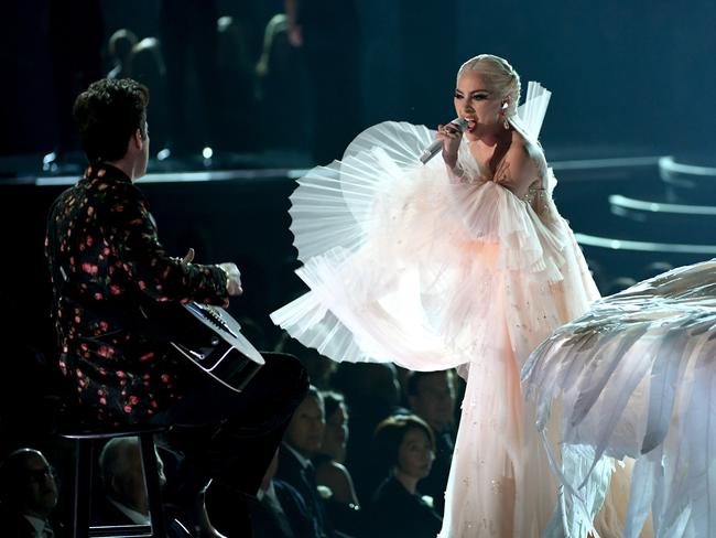 Lady Gaga performs with Mark Ronson onstage. Picture: Getty