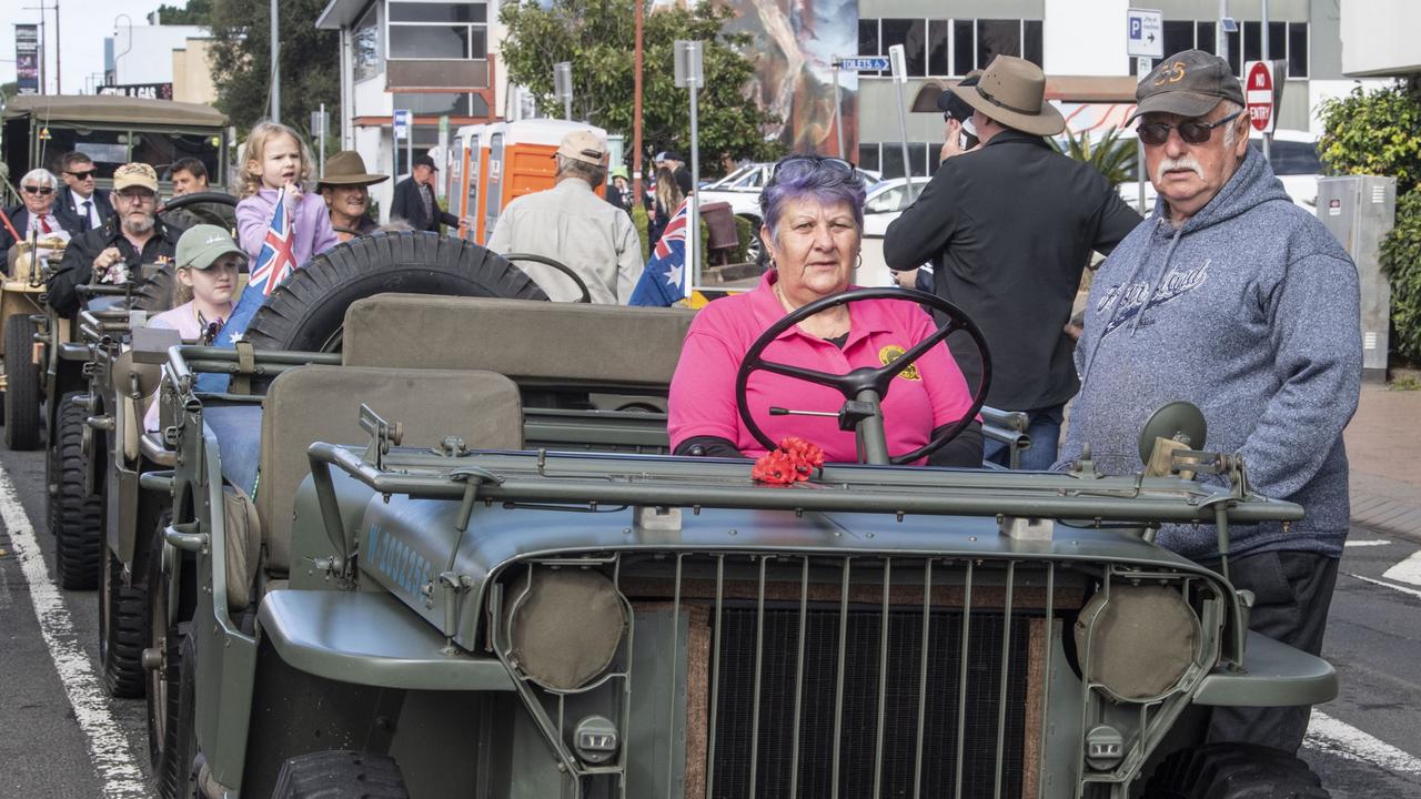 Anthea and Wayne Milburn with their 1941 Willys. Assembly in Neil St for the mid morning parade on ANZAC DAY. Tuesday, April 25, 2023. Picture: Nev Madsen.