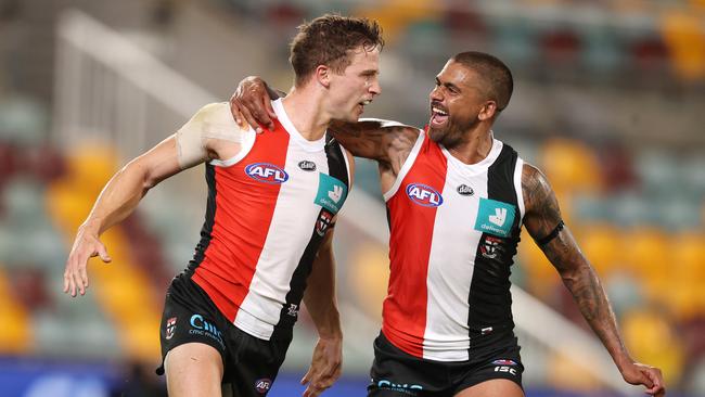 Saints Jack Billings and Bradley Hill celebrate against the Giants. Picture: Michael Klein