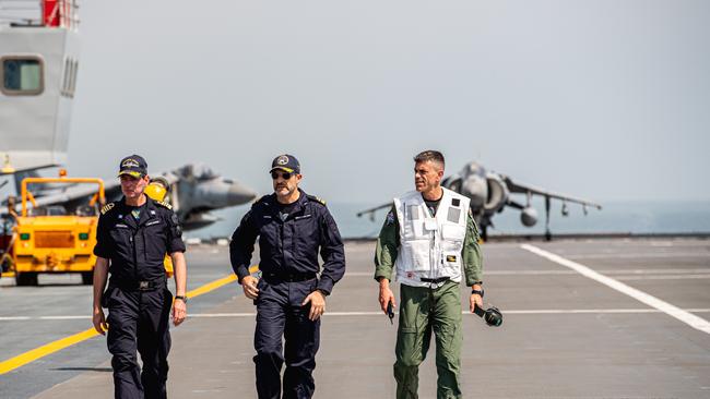 Capt Milos Argenton ITS CAVOUR Commander, Rear Admiral Giancarlo Ciappina IT navy CSG Commander and Capt Dario Castelli Air Wing Commander as Italian aircraft carrier ITS Cavour gave media a glimpse into what a standard few hours aboard the mammoth vessel looks like. Picture: Pema Tamang Pakhrin