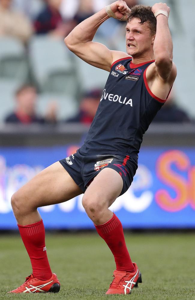 Norwood’s Peter Bampton celebrates a goal against the Eagles in Sunday’s semi-final at Adelaide Oval. Picture: Sarah Reed