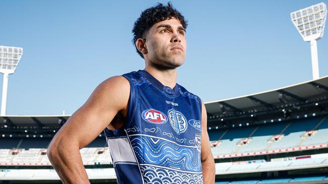 MELBOURNE, AUSTRALIA - MAY 13: Tyson Stengle of the Cats poses for a photo during a Sir Doug Nicholls Round media opportunity at Melbourne Cricket Ground on May 13, 2024 in Melbourne, Australia. (Photo by Dylan Burns/AFL Photos via Getty Images)