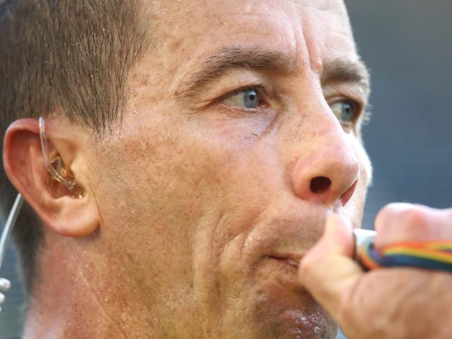 SYDNEY, AUSTRALIA - MARCH 30:  Referee Ben Cummins blows his whistle during the round four AFL match between the South Sydney Rabbitohs and the Canterbury Bulldogs at ANZ Stadium on March 30, 2018 in Sydney, Australia.  (Photo by Cameron Spencer/Getty Images)