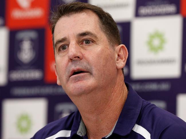 PERTH, AUSTRALIA - MAY 11:  Fremantle Dockers Head Coach Ross Lyon addresses the media at the Fremantle Dockers Training and Administration Facility on May 11, 2018 in Perth, Australia. The club has faced continued questions about the way it handled a complaint alleging sexual harrassment.  (Photo by Paul Kane/Getty Images)