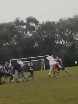 Player seen loading up for a punch during a fixture between Moreland United Football Club and Fawkner Soccer Club. Photo: Supplied
