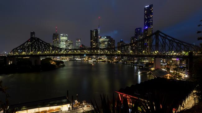 The lights were turned off on several Brisbane landmarks, including the Story Bridge, on Thursday night. Picture: Richard Walker