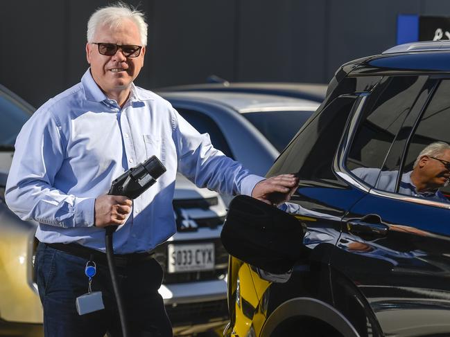 Tuesday MARCH 05 2024 Mitsubishi Motors Australia president and chief executive officer Shaun Westcott with bidirectional car charger - enables car battery to power home and also can charge car.Picture: RoyVphotography