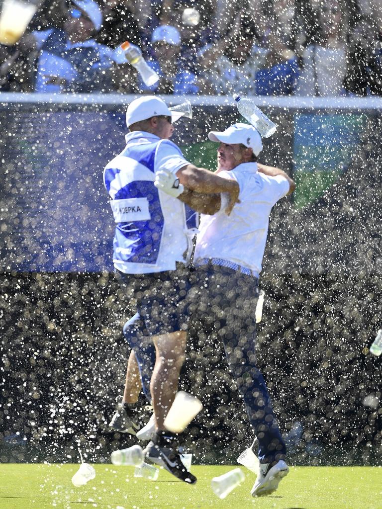 Chase Koepka’s epic celebration of a hole in one with his caddie. Picture: Getty Images