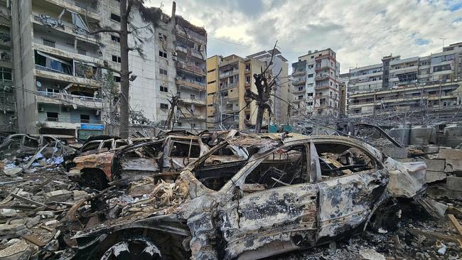 Destruction and debris on Beirut's southern suburb of Haret Hreik which was targeted by Israeli strikes hours before the ceasefire took effect. Picture: AFP