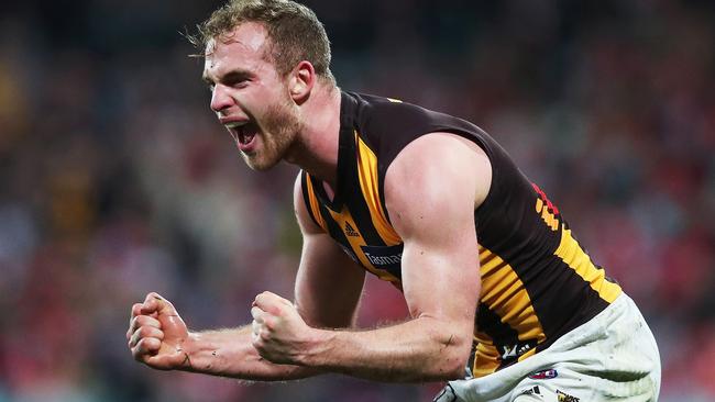 Tom Mitchell celebrates Hawthorn’s win over Sydney. Picture: Phil Hillyard